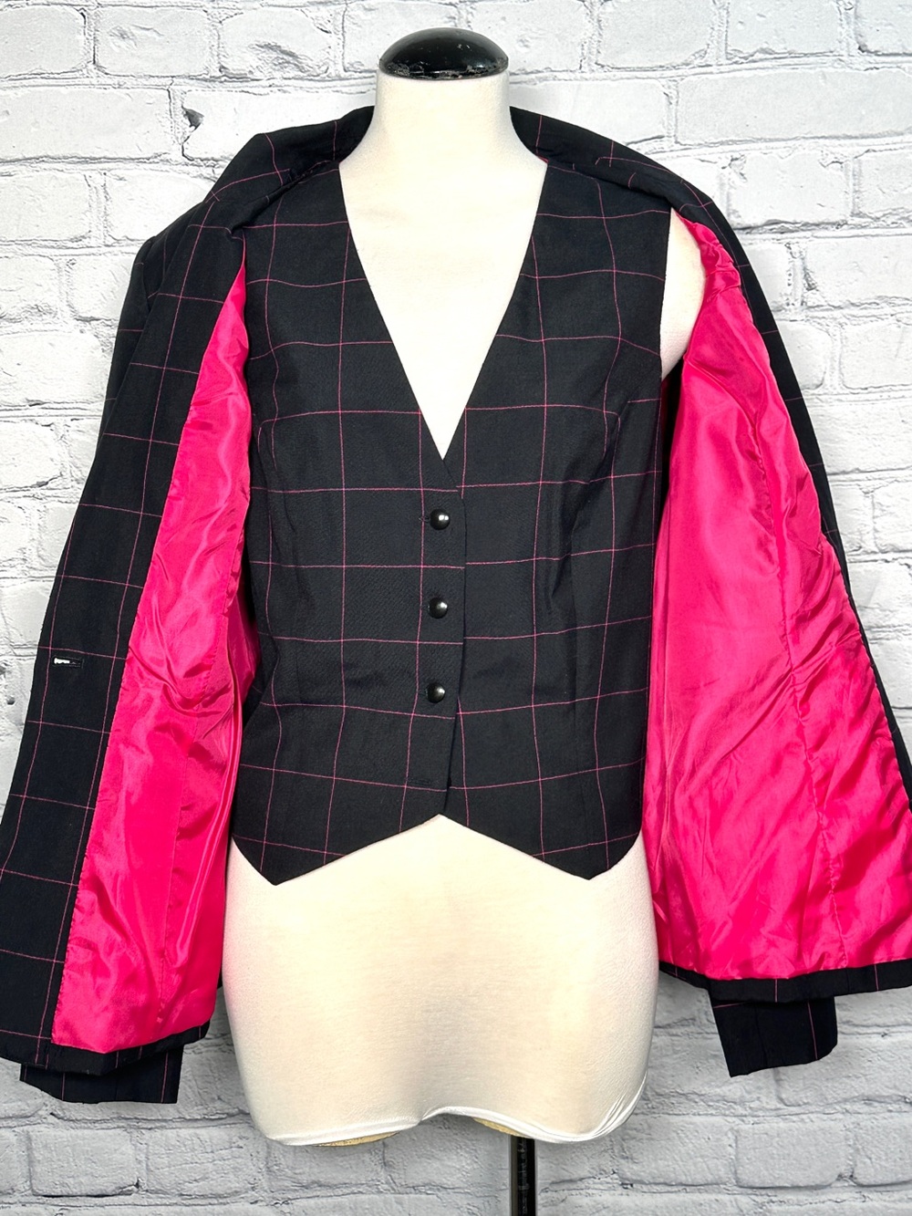 Vintage 90s Womens Black Pink Plaid BlazerVest 2PC Gender Fluid Wool Blend M/L